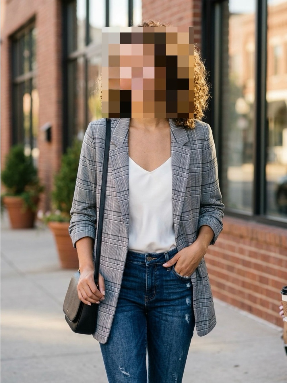 Rachel Zoe Gray Plaid Open Blazer with Notch Lapel